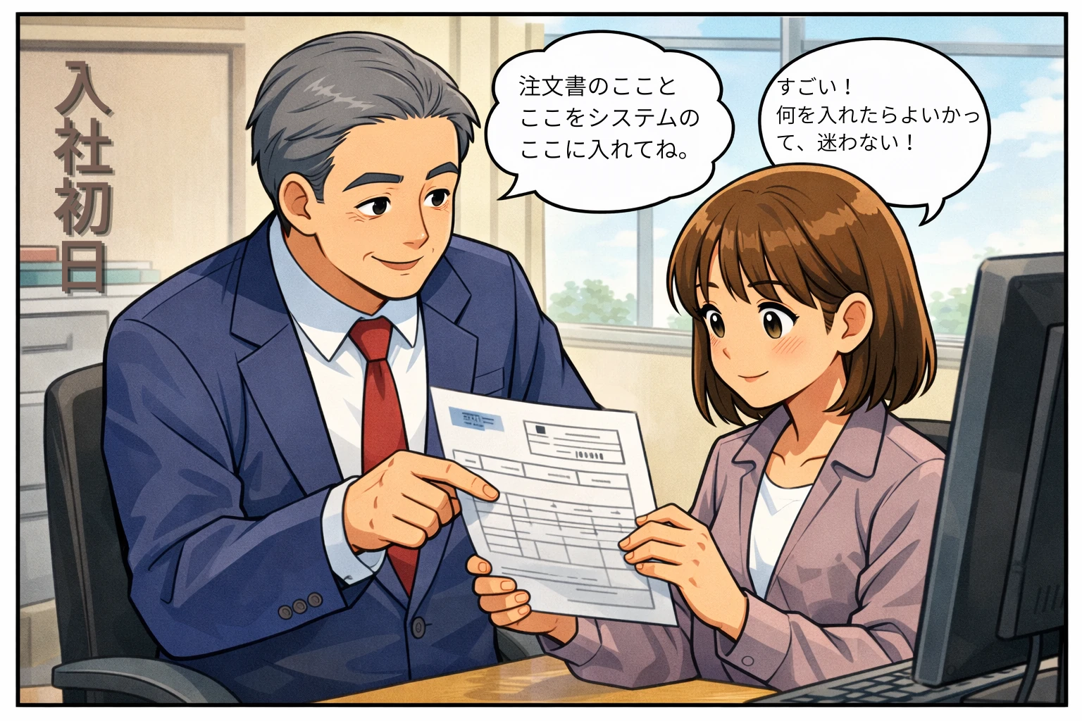 社長が新人事務スタッフに注文書を見ながらシステムへの入力のやり方を説明している場面