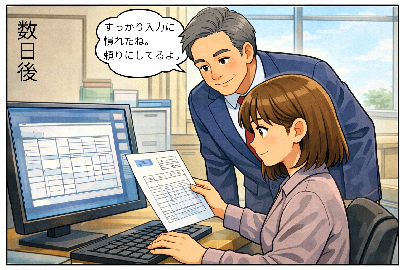 社長と事務スタッフが一緒に画面を見て褒めている場面