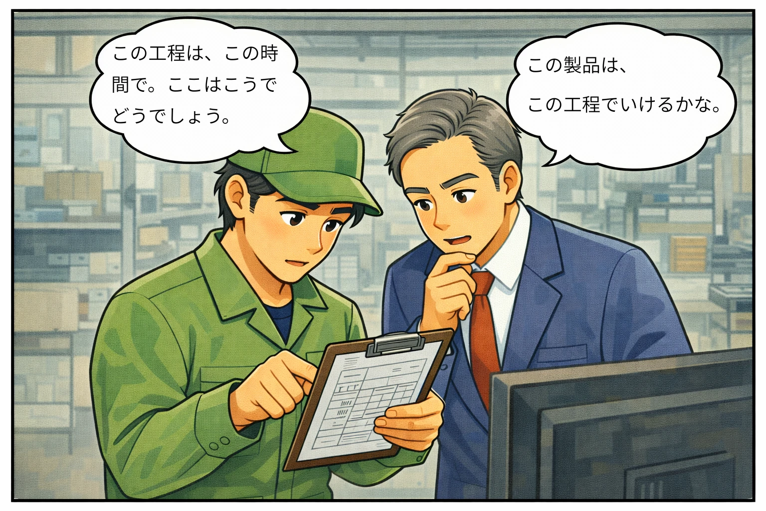 社長と工場が相談している場面