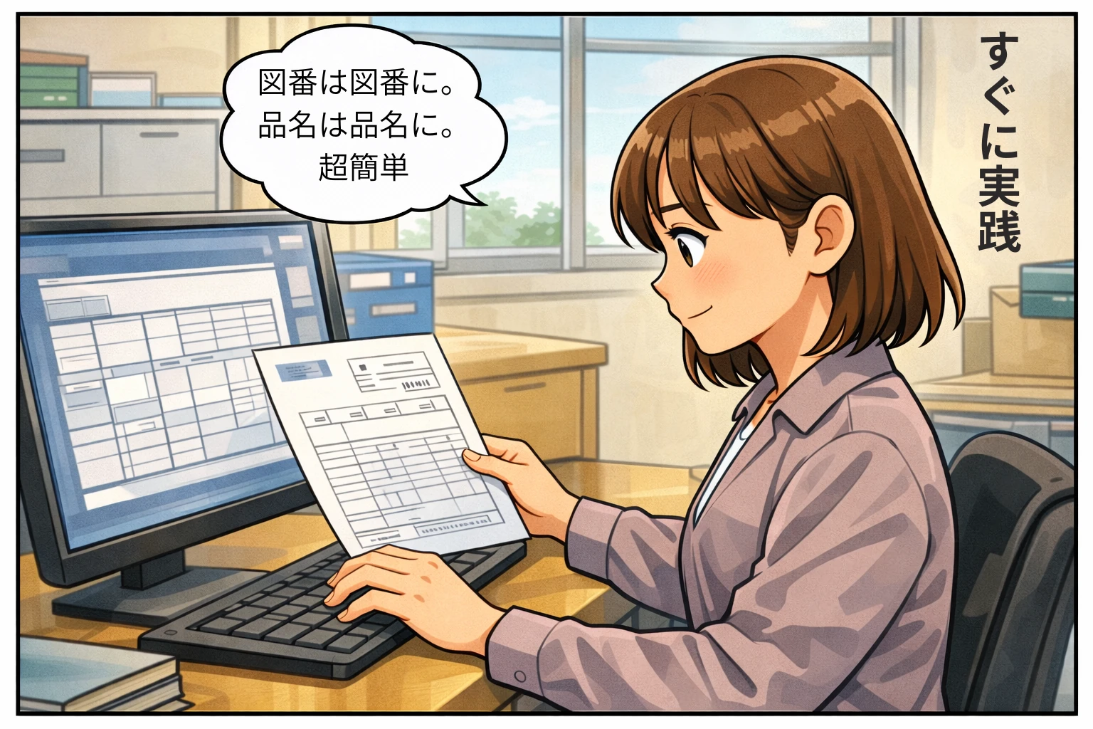 事務スタッフが画面と注文書を見比べながら入力している場面