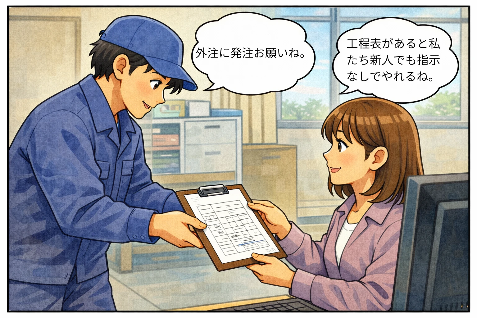 新人作業スタッフが、事務スタッフに受注票を渡している場面