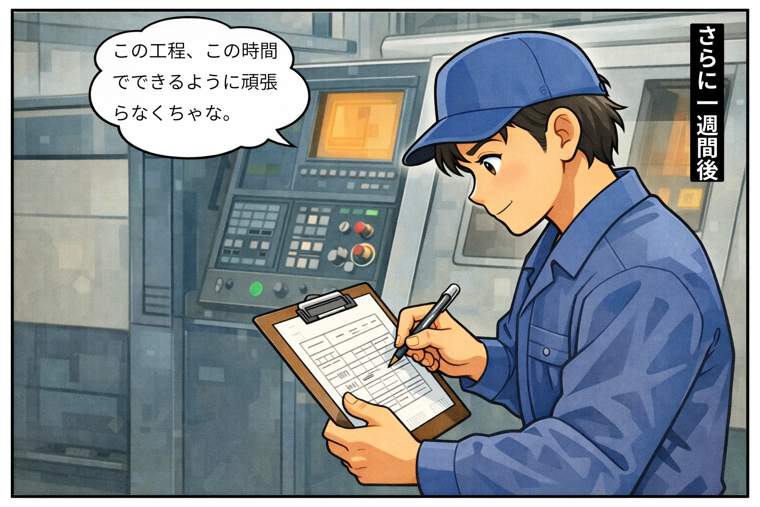 作業スタッフが受注票に作業記録を入力している場面