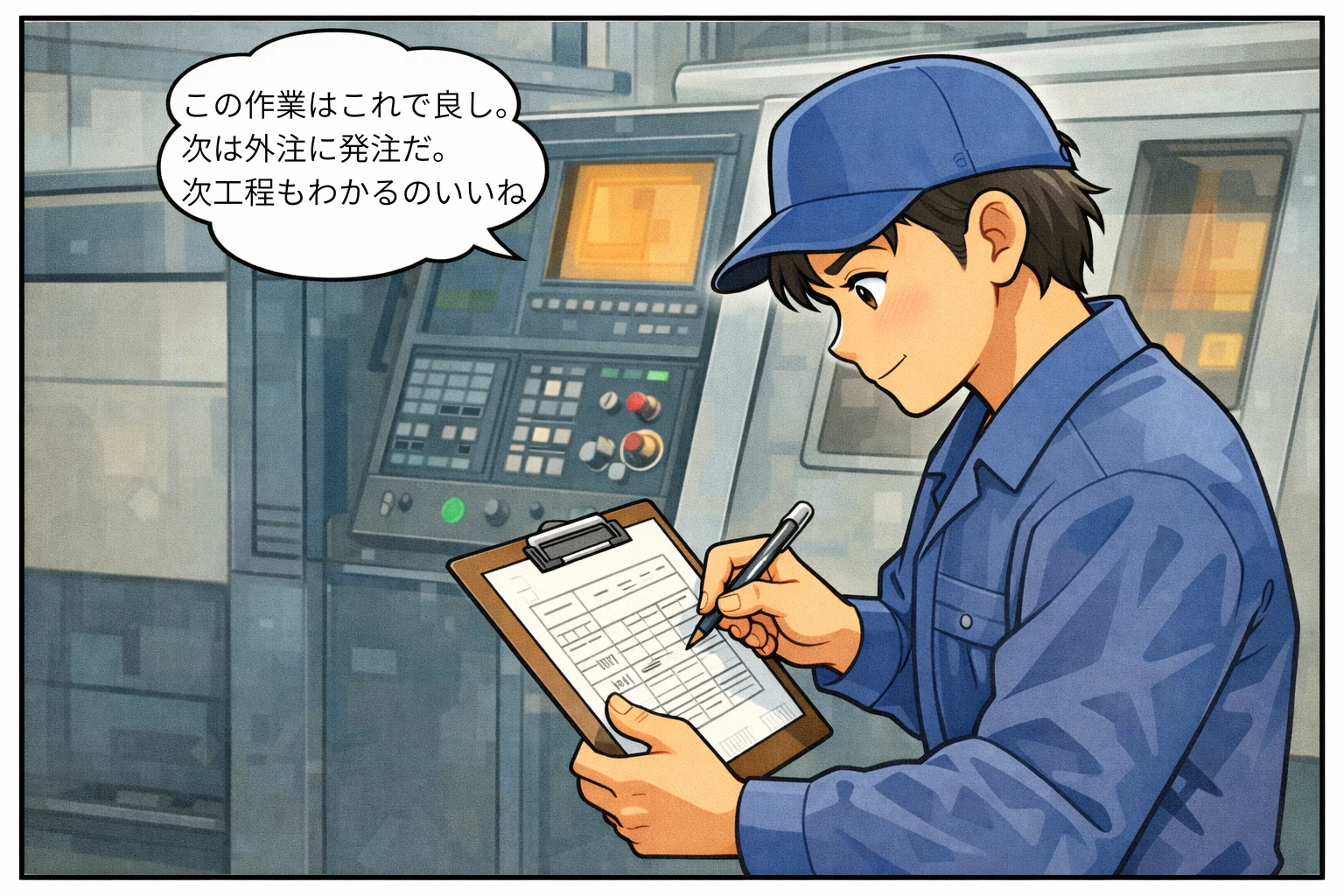 新人作業スタッフが、受注票に作業記録を書き込んでいる場面