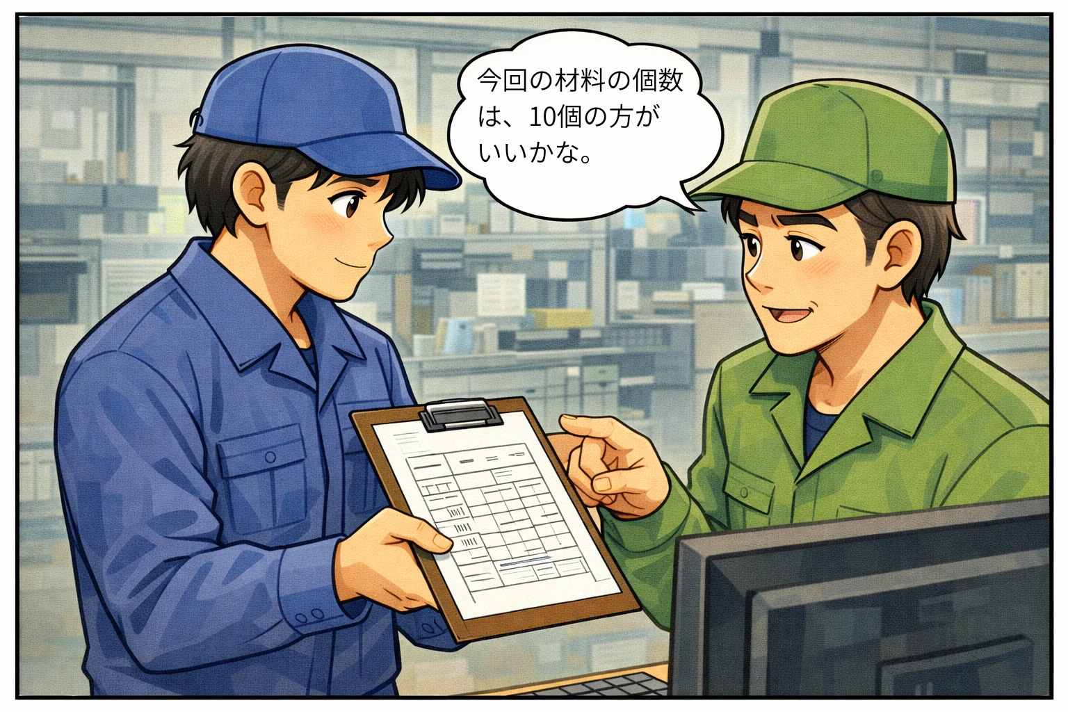 新人作業スタッフが、工場長に材料の情報の確認をしている場面