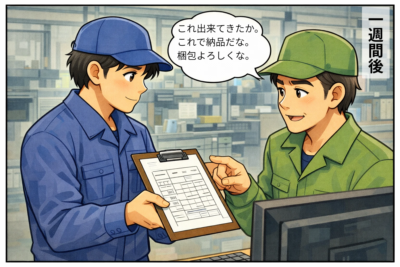 新人作業スタッフが、工場長に受注票を渡している場面