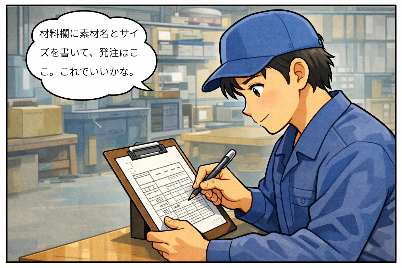 新人作業スタッフが、受注票に材料の情報を書き込んでいる場面